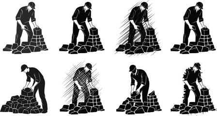 Silhouette of construction worker building stone wall, masonry laborer stacking rocks, manual construction process, craftsmanship, industrial work illustration
