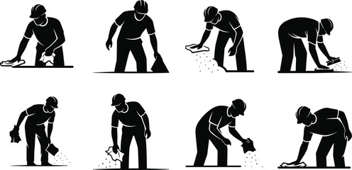Silhouette of construction workers cleaning and sweeping the floor with tools, labor activity, maintenance, building site, industrial work illustration