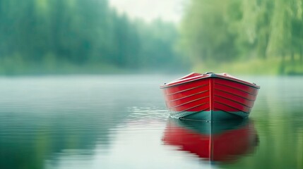 A serene red rowing boat rests on a misty forest lake in the soft morning light