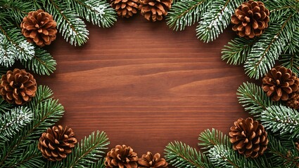 Fototapeta premium Christmas Pinecone and Fir Branch Border on Wooden Background | Festive Holiday Frame.