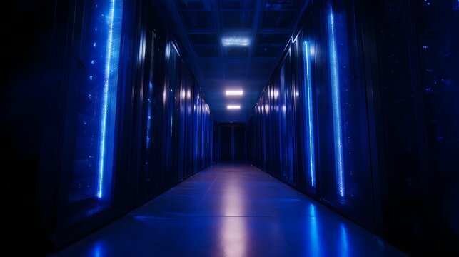 A modern server room corridor with deep blue LED lights illuminating rows of equipment racks - Powered by Adobe