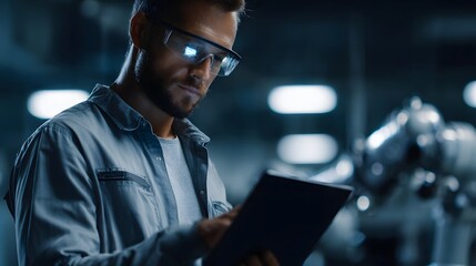 Focused engineer in safety glasses uses tablet in modern industrial factory reviewing digital data