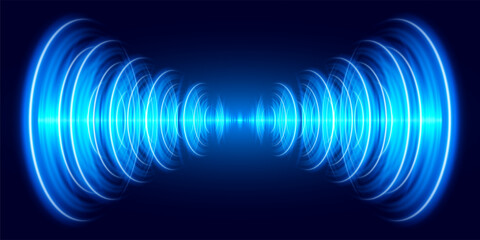Futuristic circular sound waves. Sound explosion. Electronic music visualization. Round light effect. Radio signal circle. Audio equalizer background.