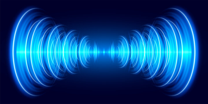 Futuristic circular sound waves. Sound explosion. Electronic music visualization. Round light effect. Radio signal circle. Audio equalizer background.