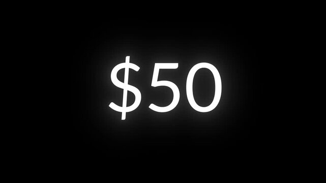 US dollar currency counter increasing from 0 to 50 on black background