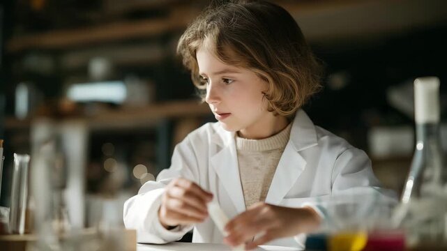 Young student exploring science experiments at a table filled with safe laboratory tools and colorful materials, emotion of excitement and discovery visible, representing experiential learning,