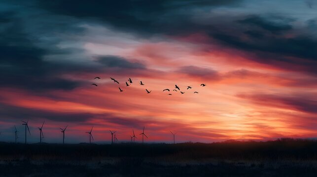 A flock of birds flies across a vibrant sunset sky with wind turbines silhouetted on the horizon - Powered by Adobe