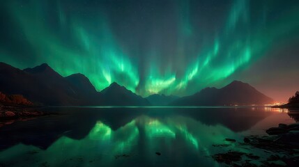 Fototapeta premium Vibrant northern lights illuminate a serene landscape reflected in calm waters at night