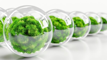 Line of Transparent Glass Spheres Containing Bright Green Moss on White Background