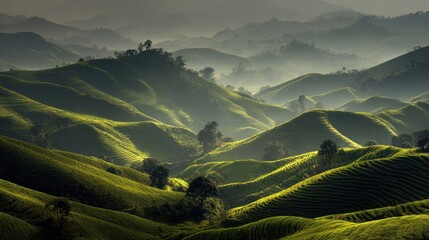 Lush Green Hills Rolling Landscape with Misty Mountain Background in Sunrise Light