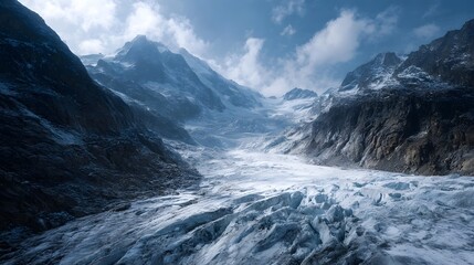 A dramatic view of a vast glacial valley with rugged mountains under a cloudy sky