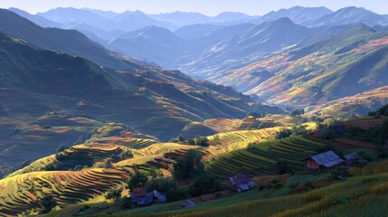 Lush Green Mountain Valley with Terraced Fields and Wooden Houses Under Clear Sky