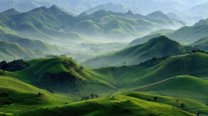 Lush Green Hills and Valleys in Misty Mountain Landscape