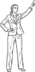 Determined businesswoman in a pantsuit pointing upwards in a handdrawn sketch style.