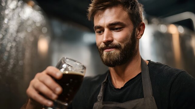 A man with a beard holds a glass of dark beer examining it in a brewery