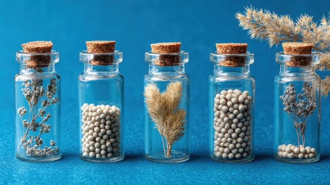 Homeopathy globules in glass bottles on a blue background. Alternative homeopathy herbal medicine, pills. Copyspace for text.
