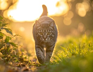 Cat striding directly towards the camera, bathed in the soft glow of golden sunlight