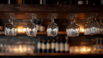 Elegant wine glasses hang upside down from a wooden shelf in a dimly lit bar