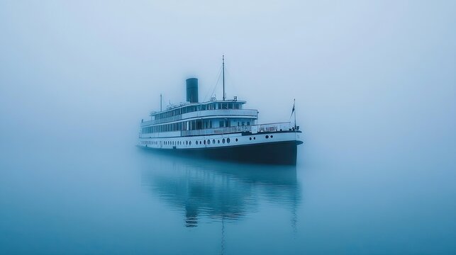 A serene blue ferry glides through the misty morning river, enveloped in soft fog and shimmering reflections - Powered by Adobe