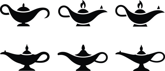Set of Six Black Oil Lamp Silhouettes in Various Styles for Folklore, Fantasy, Magic, Antique, and Vector Design Use
