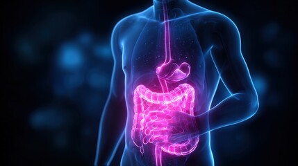 Human body with inflamed stomach, intestines. Gastritis illustration showing pain, nausea, digestive disorder. Health condition, medical diagnosis, gastric inflammation.