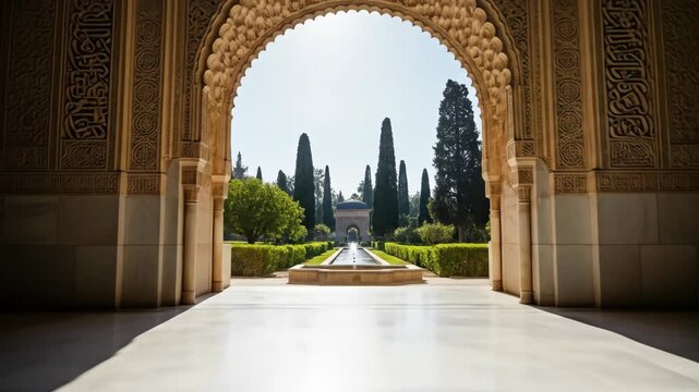 An arched doorway frames a serene garden with fountains, trees, and architecture details