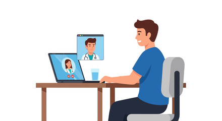 Man consults with doctor via video call, embracing convenient telemedicine for healthcare access and medical advice from home.