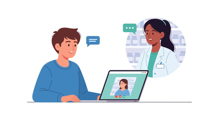 Young man consults with friendly doctor via video call for convenient healthcare and medical advice, embracing modern telemedicine solutions.