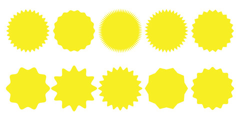 Set of yellow starburst. Price sticker, sale sticker, price tag, starburst, quality mark, retro stars, sale. Circle sticker set. Wavy edge promo yellow badges.