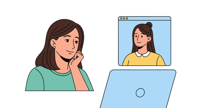 Smiling woman engages in a friendly video call, connecting with a colleague or friend on a laptop screen for seamless communication and collaboration.