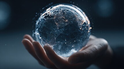 Human hand holding earth globe holographic technology . Futuristic visualization for virtual reality and augmented reality .