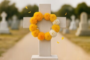 Cemetery With Floral Adorned Cross Featuring A Yellow And White Chrysanthemum Wreath On A Clear Day, With Other Gravestones Visible In The Background