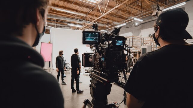 Behind the scenes of a film shoot with crew members and camera setup in a studio
