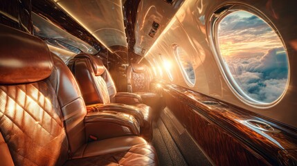 Luxury Private Jet Interior with Leather Seats and Sunset View Through Windows