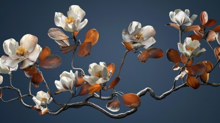 Magnolia Branch with White Flowers and Brown Leaves Against Dark Blue Sky
