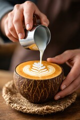 Barista Pouring Latte Art – Perfect Creamy Coffee in Coconut Cup for Cafe Lovers