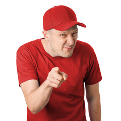 Man in red shirt and cap points playfully with a smirk