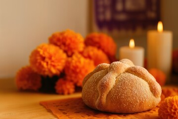 Dia De Los Muertos Ofrenda Indoors Featuring Traditional Pan De Muerto Bread With Marigold Flowers And Lit Candles On A Decorated Table