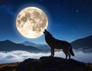 Fototapeta premium Loup hurlant à la pleine lune – paysage nocturne et mystère sauvage