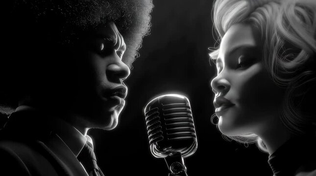 
a black and white illustration of a black man in a suit with afro hair singing into a vintage microphone, standing next to a beautiful woman, against a black background with high contrast. the image 