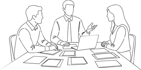 Line art illustration of a faceless business team collaborating around a conference table.