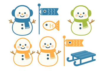 Cute snowmen characters wearing colorful scarves and earmuffs with winter holiday elements