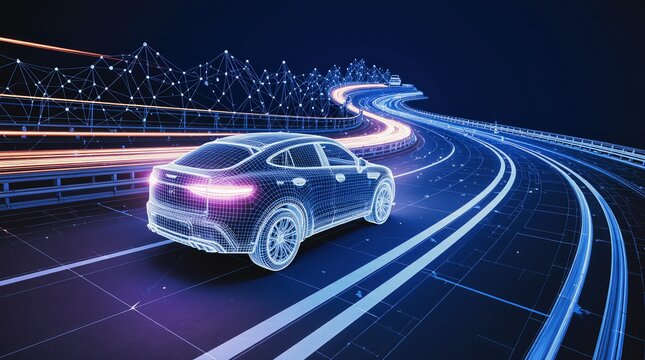 Futuristic electric car driving on a digital highway at night
