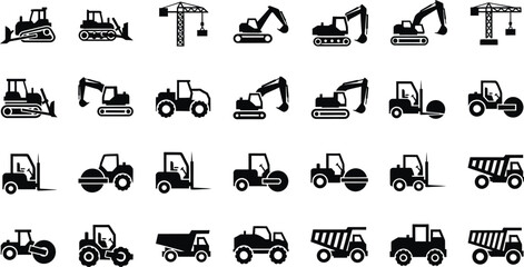 Collection of construction equipment icons silhouette set isolated on transparent background
