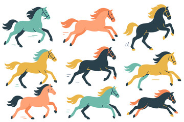 Seamless pattern of colorful galloping horses in a modern flat style
