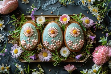 Easter egg-shaped cookies decorated with icing, placed on a vintage baking tray surrounded by spring flowers