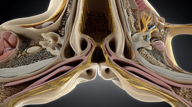Human sinuses anatomy showcasing airflow and structure within nasal passages.