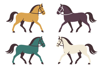 Set of four stylized horses walking or trotting with bridles in diverse color palette