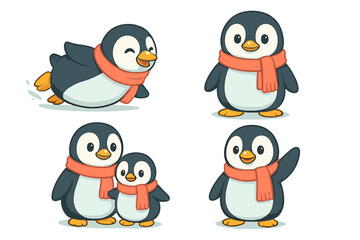 Adorable cartoon penguins wearing warm scarves in various poses for winter holidays