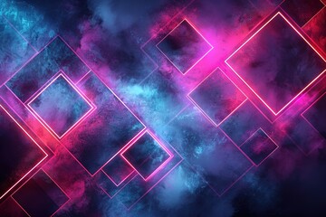 Abstract neon squares arranged in an evolving pattern, glowing against a deep dark blue background 